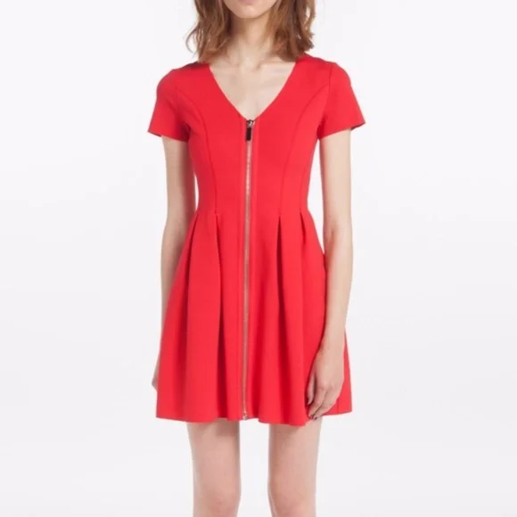 Maje | Dresses | Maje Red Datypic Zip Front Fit Flare Dress Large | Poshmark